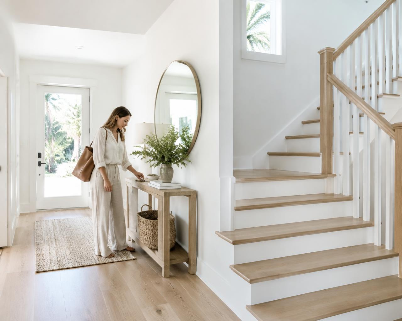 Homeowner arriving in a bright, freshly finished entryway