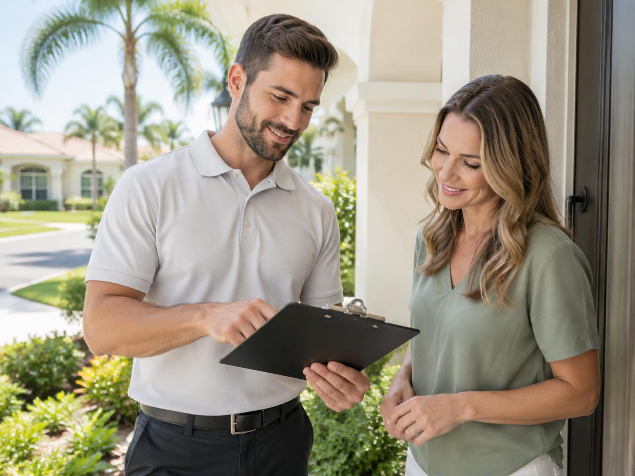 Home service professional reviewing a checklist with a homeowner at the door of a Central Florida home