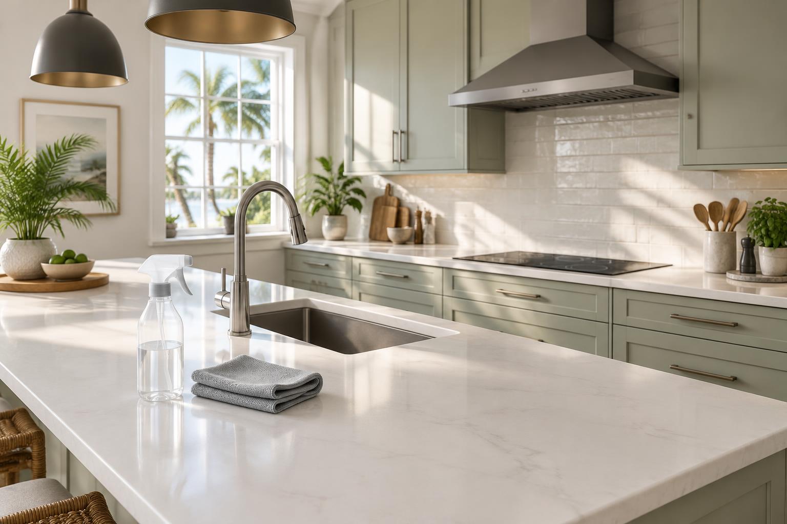 Bright kitchen with sage cabinetry and a microfiber cloth on a clean stone counter