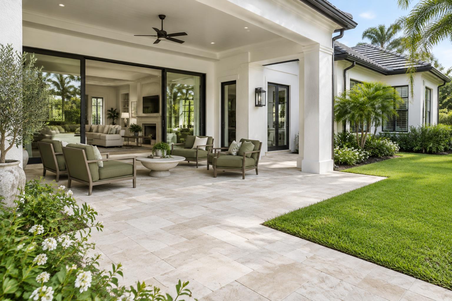 Sunlit Florida home with a paver terrace and a neatly maintained lawn