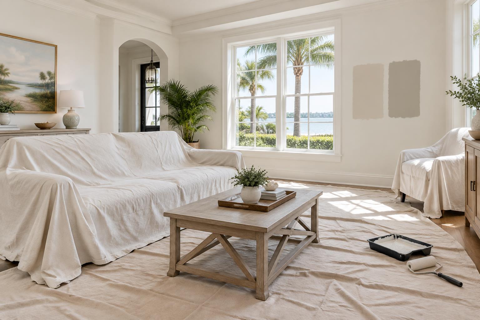 Living room with covered furniture, protected flooring and neutral paint samples on the wall