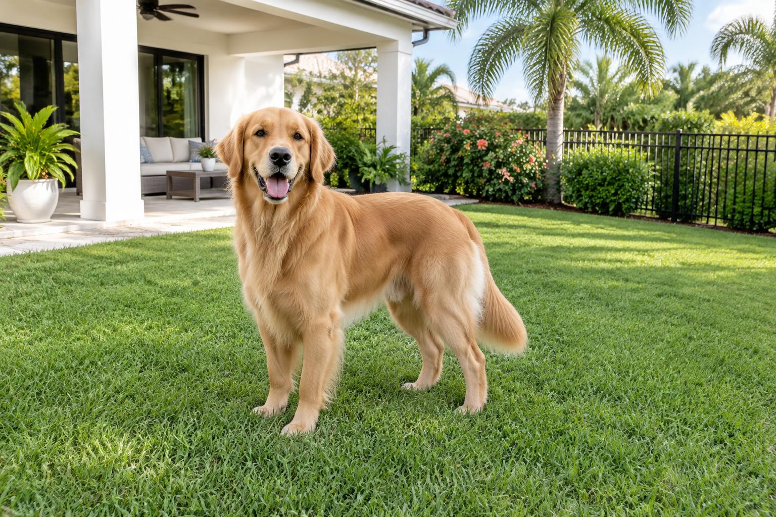 Golden retriever standing on a neatly maintained lawn in a sunny Florida backyard