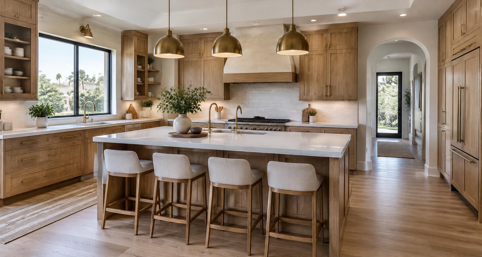 Natural oak kitchen cabinetry with light quartz surfaces and considered hardware
