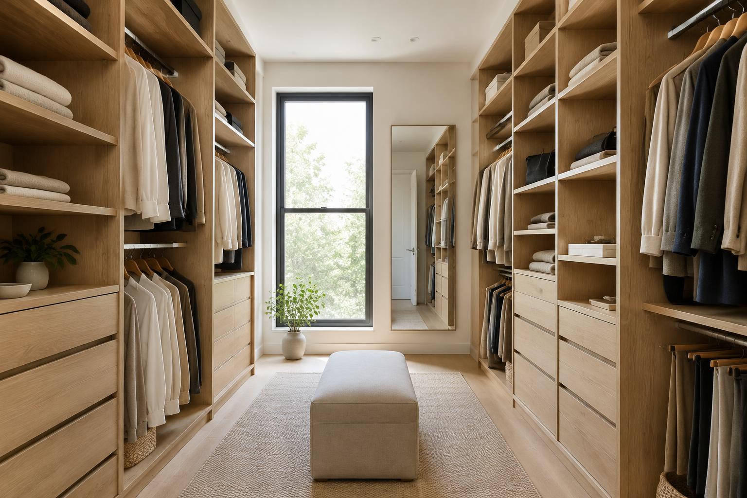 Oak closet cabinetry with thoughtfully arranged shelves, drawers and hanging storage