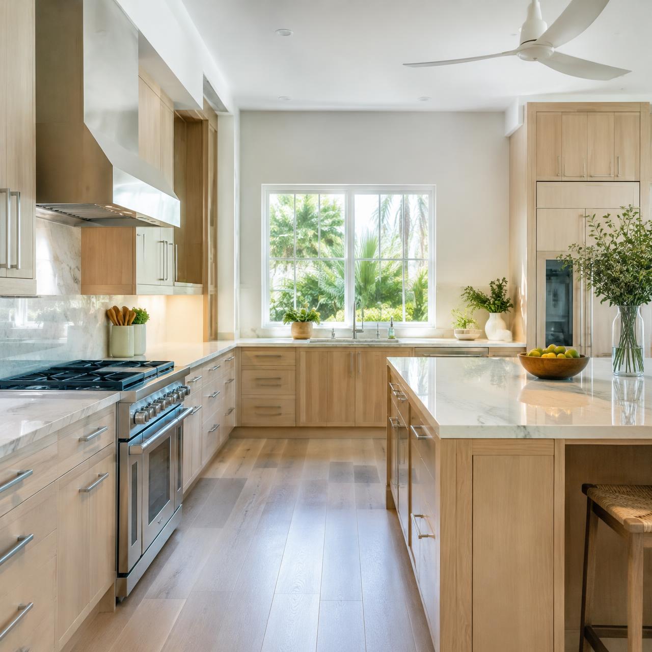 Spotless bright kitchen with light oak cabinets and stone counters