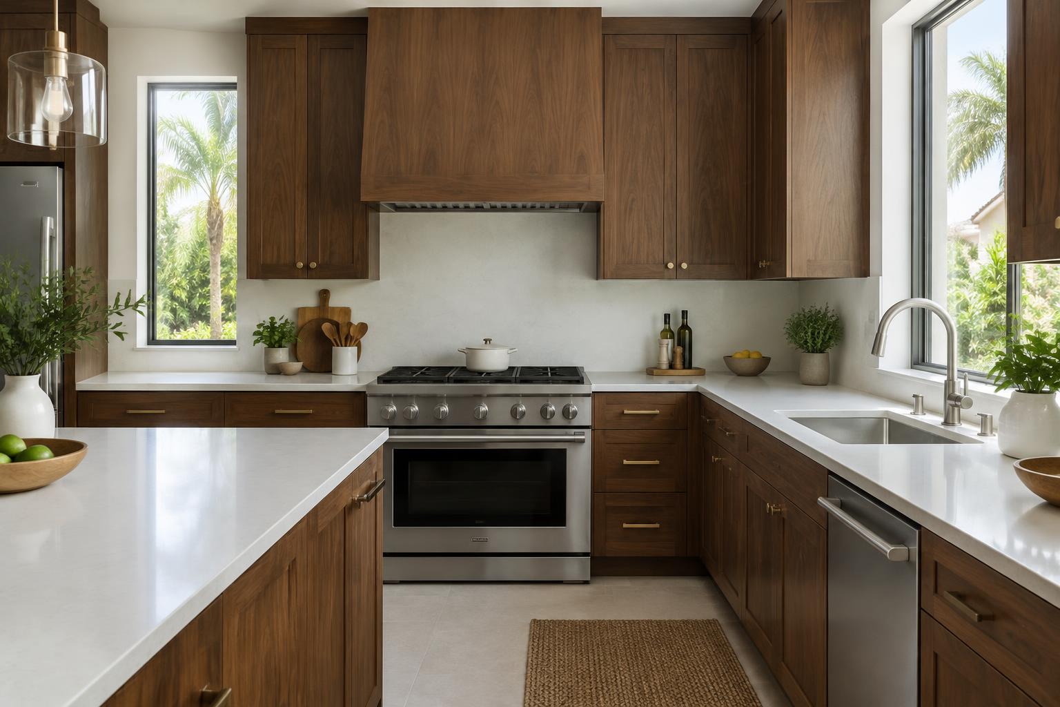 Contemporary walnut kitchen cabinetry with pale quartz counters