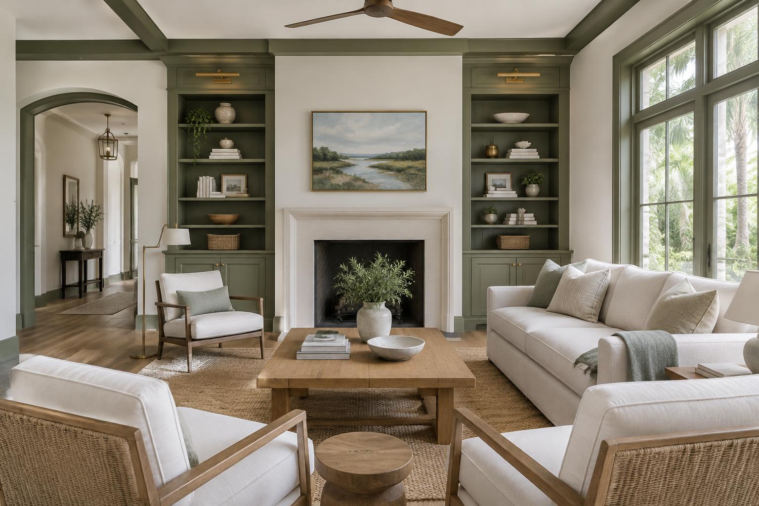 Smooth painted walls and olive built-ins in a light-filled living room