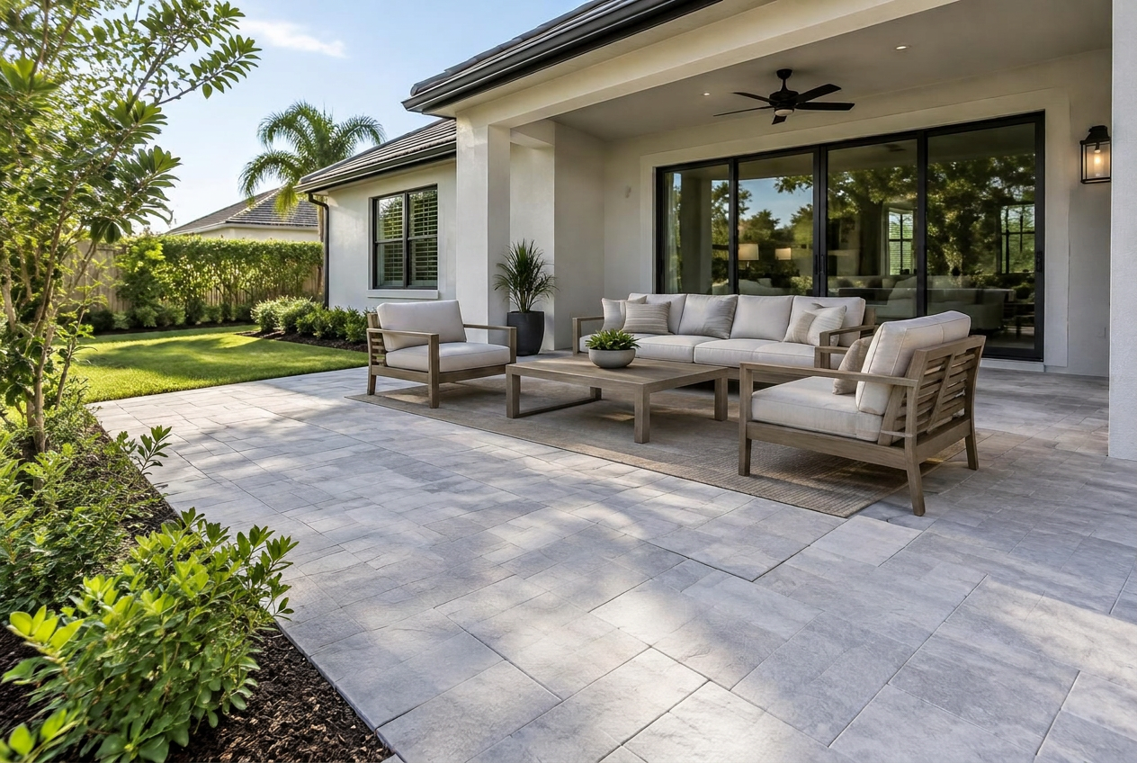 Precisely laid stone pavers on a sunny residential patio