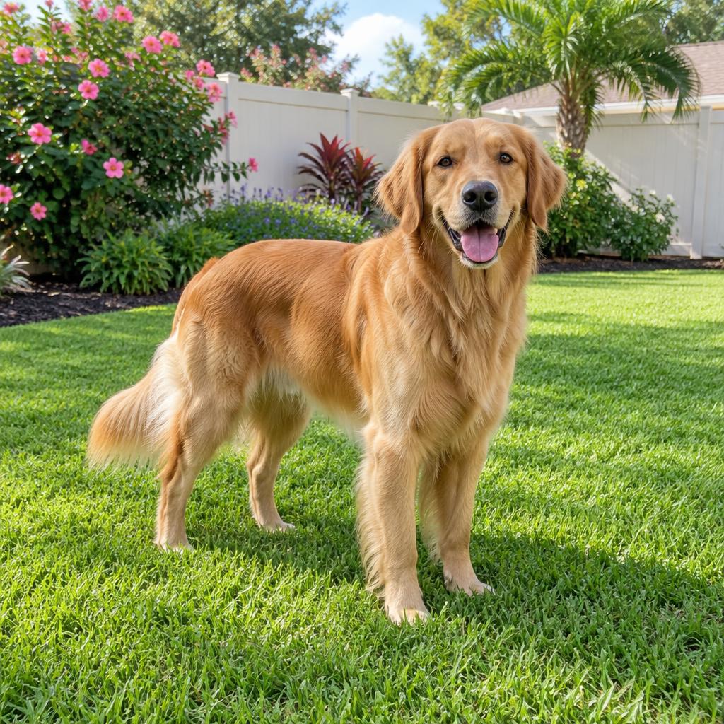 A happy golden retriever in a clean backyard