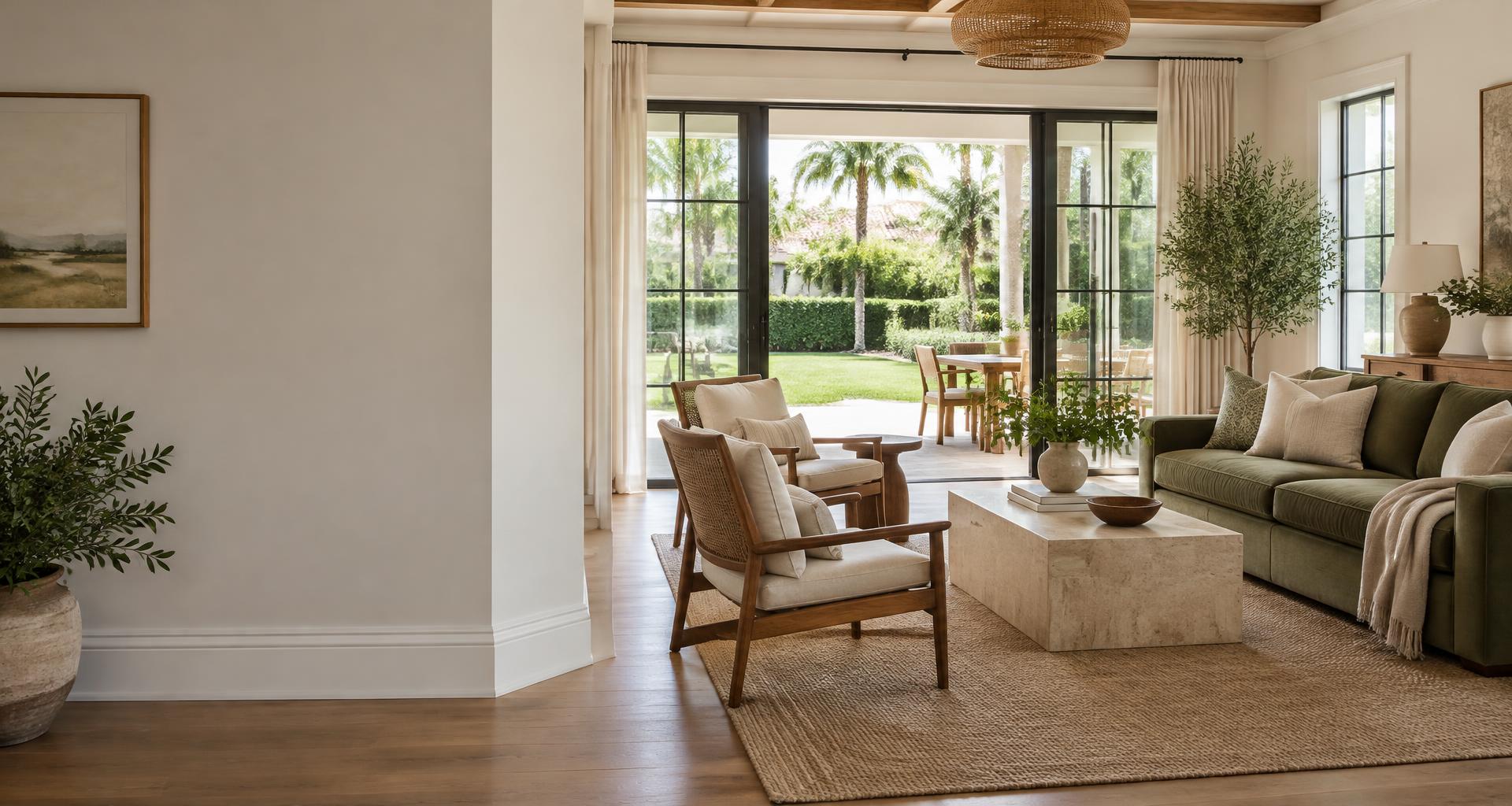 A thoughtfully maintained light-filled living room opening onto a Florida backyard