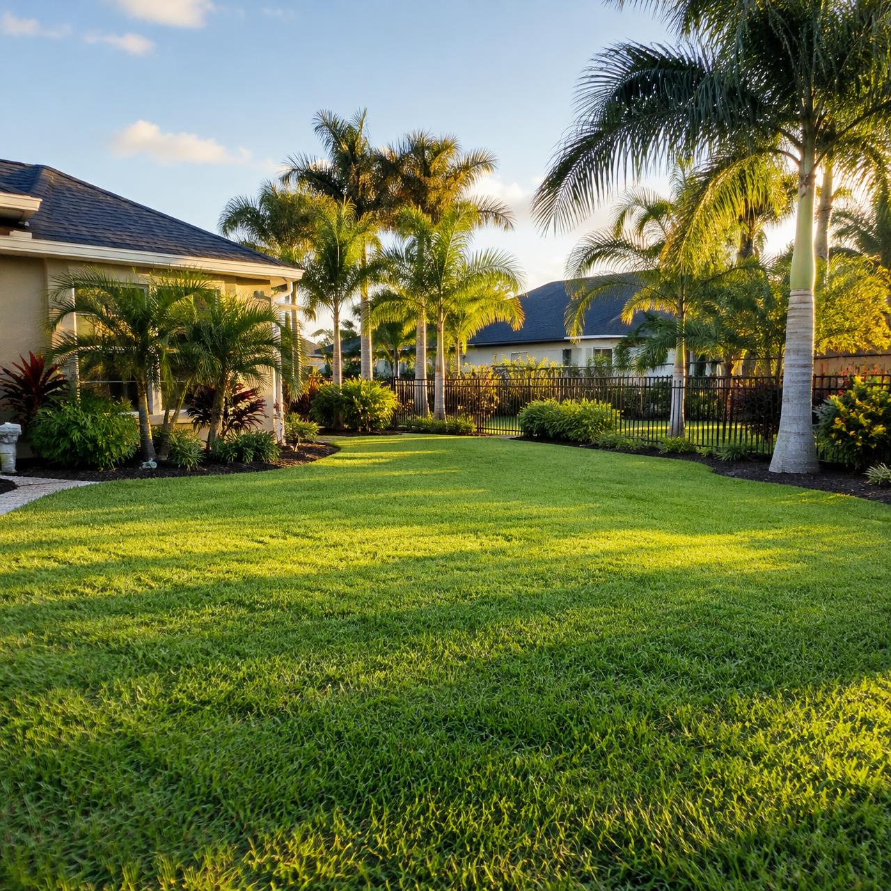 Well-maintained Florida lawn with neat garden beds and palm trees