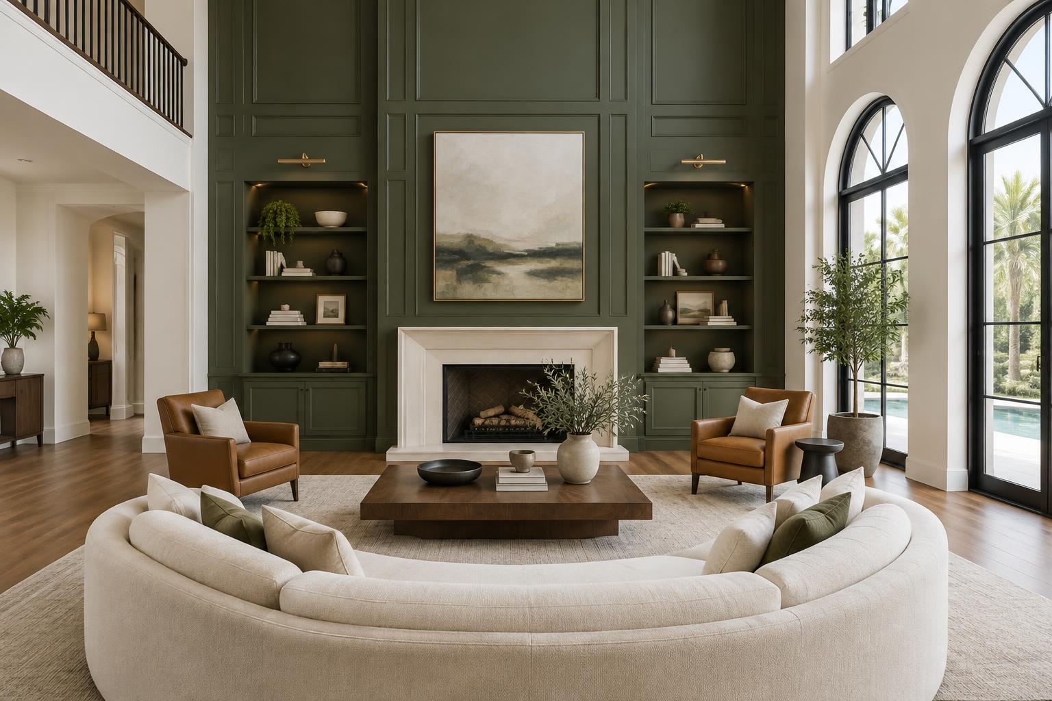 After: Upscale living room with paneled built-ins transformed from pale peach to deep olive paint