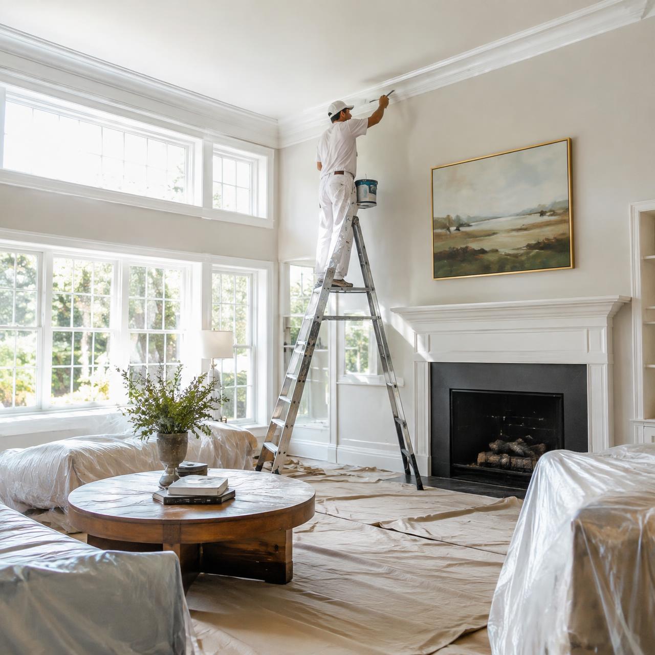 Painter cutting in fresh white paint along crown molding in a bright living room