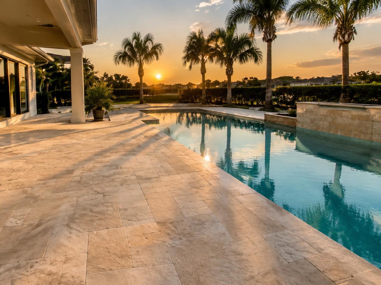 Freshly installed travertine-tone paver pool deck behind a Florida home