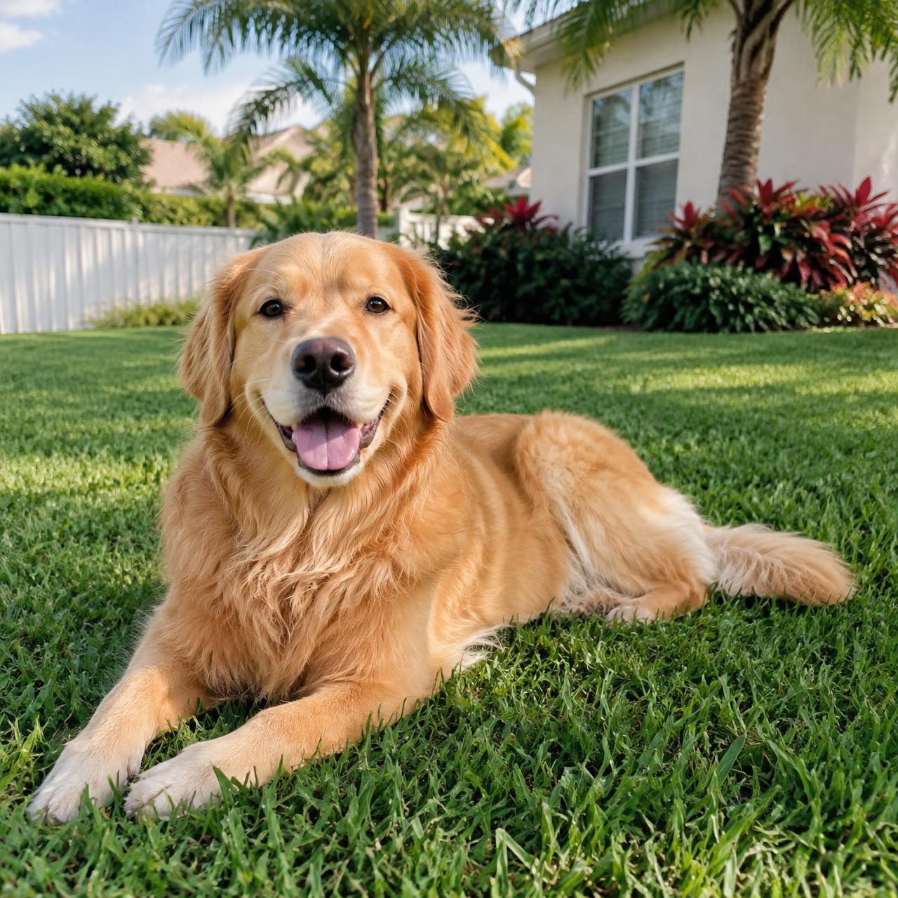 Happy golden retriever resting on a clean green lawn in a Florida backyard