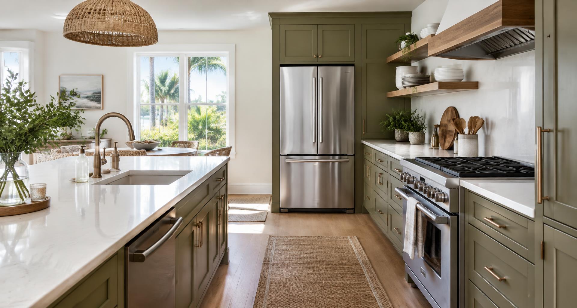 Spotless light kitchen with polished stone counters and olive cabinetry
