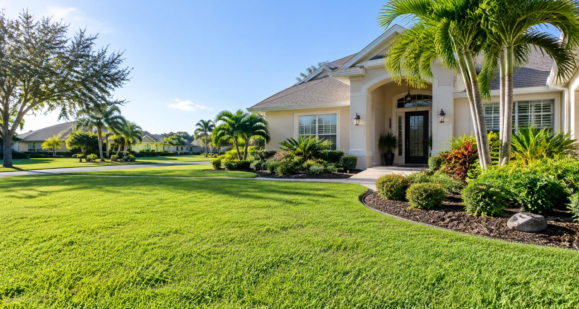 Freshly maintained Florida lawn with precise edging beside a welcoming home