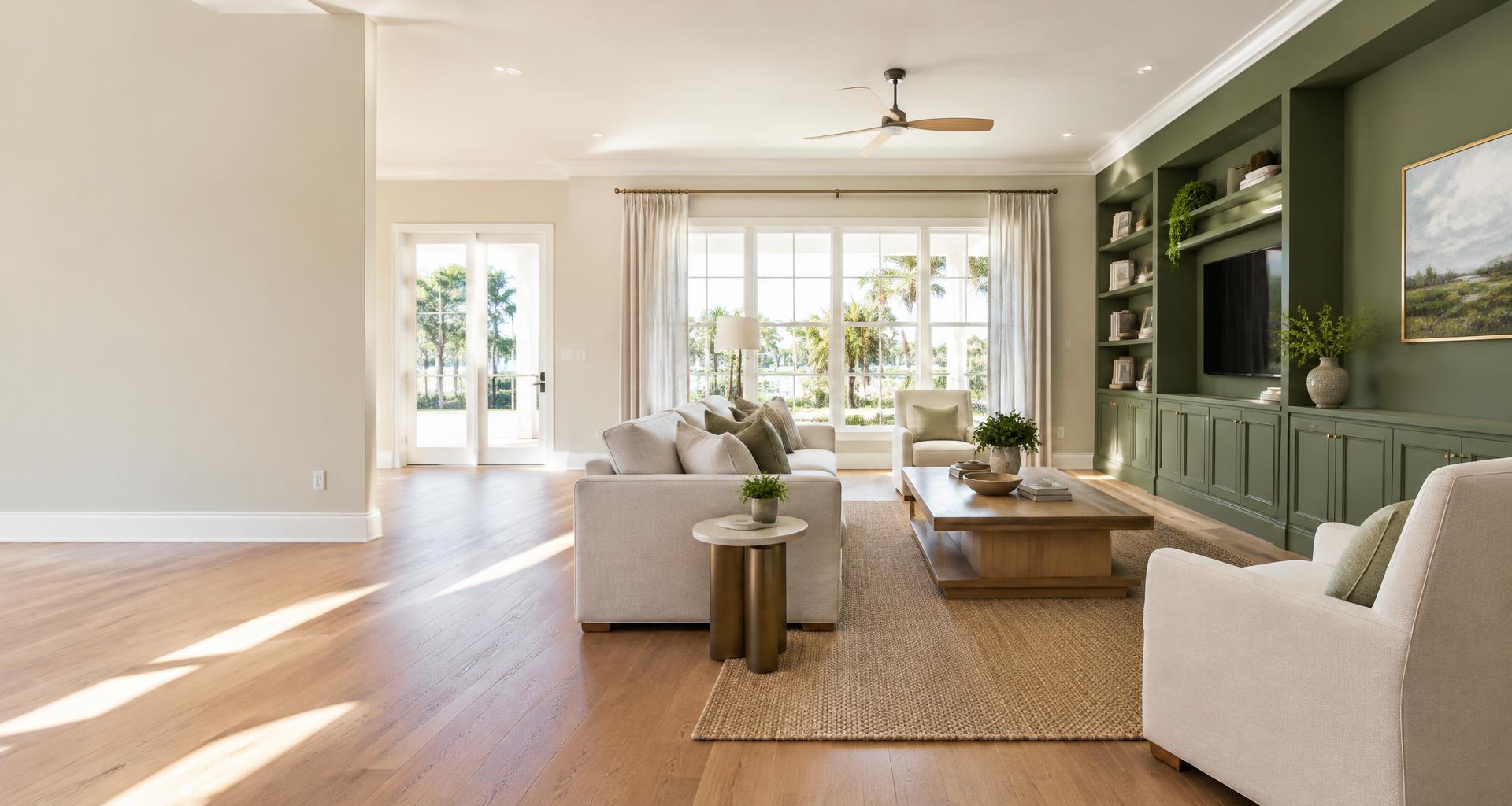 Light-filled living room with freshly finished olive walls and built-in cabinets