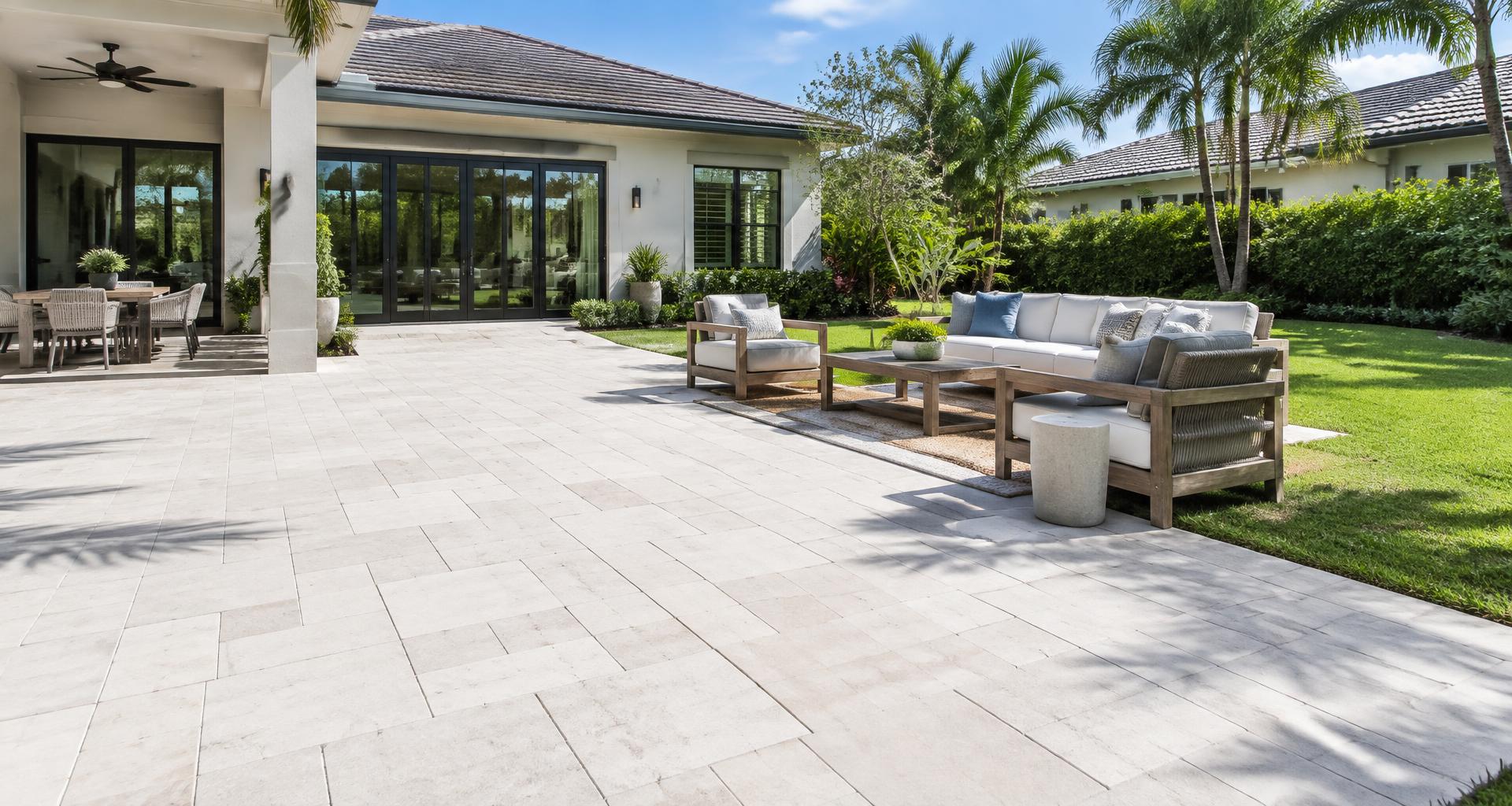 Precisely laid pale paver terrace beside a bright Florida home