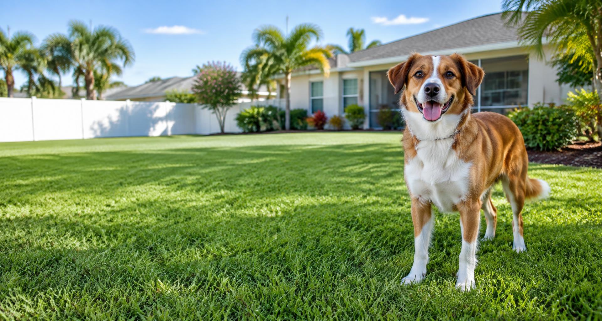 Happy brown and white dog enjoying a clean sunny Florida backyard