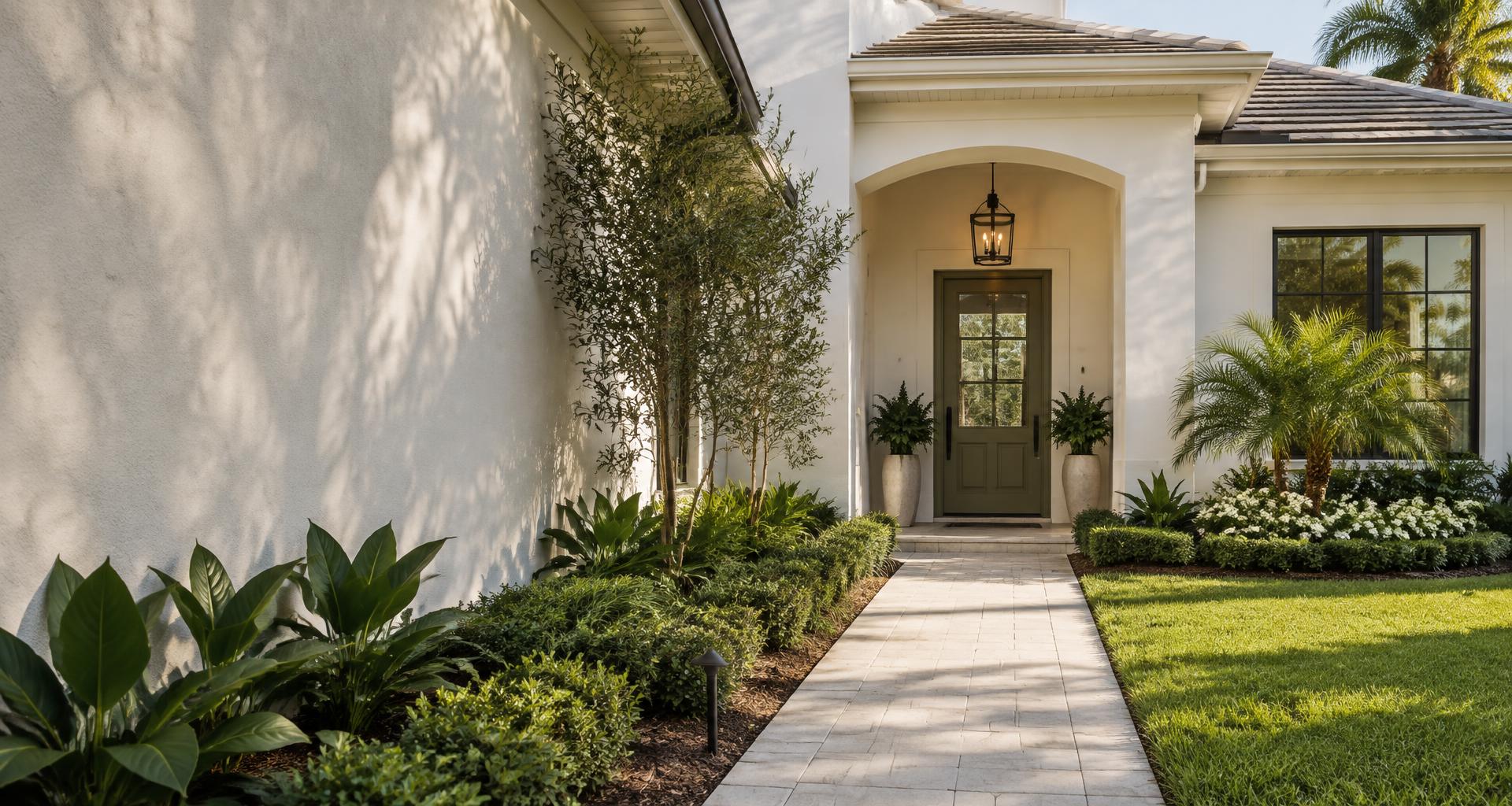 A well-kept Florida home with an olive front door, paver walkway and neatly edged lawn